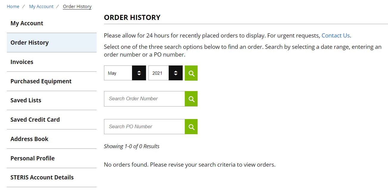 Shop STERIS My Account - Order History