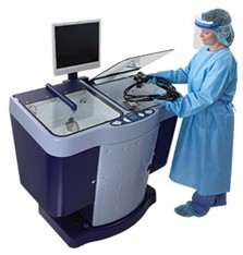 SPD Technician using Automated Endoscope Reprocessor